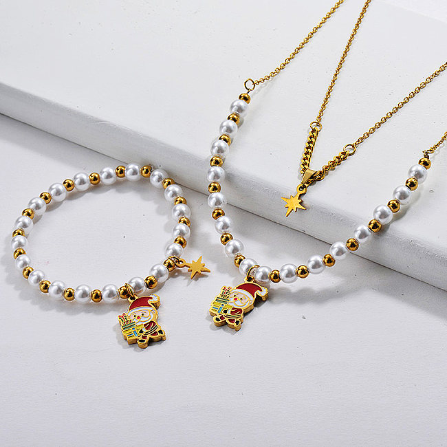 Vente en gros Ensemble de bracelet de collier de cadeau de Noël de perles plaquées or en acier inoxydable