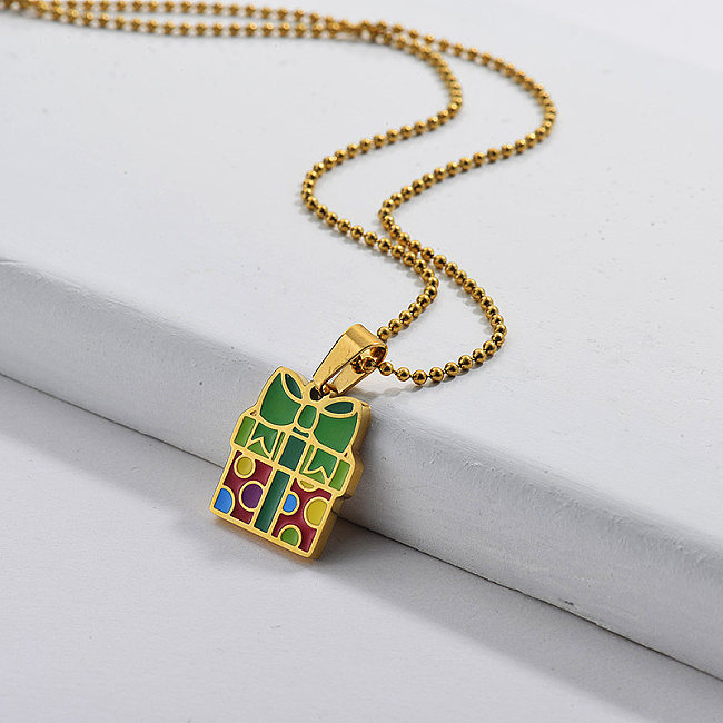 Collier pendentif boîte-cadeau en émail coloré pour Noël