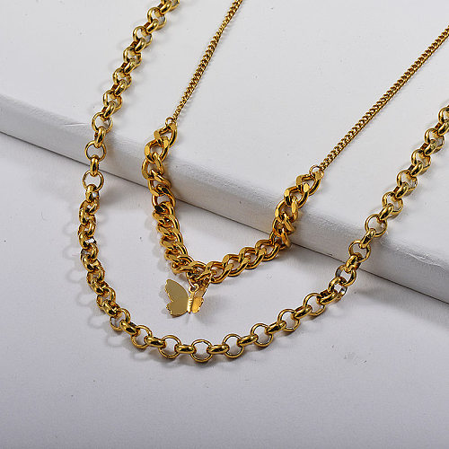 Elengant Butterfly Pendant Round Curb Link Chain Layer Collier