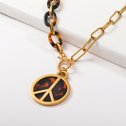 Fashion Tortoiseshell Gold Round Leopard Pendant Oval Link Chain Statement Necklace