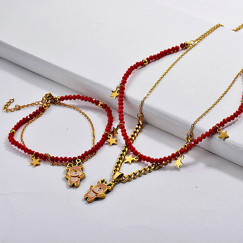 Wholesale Stainless Steel Gold Plated Bead Multi Layer Necklace Bracelet Jewelry Set
