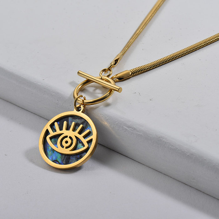 Gold Evil Eye With Green Seashell Pendant Herringbone Chain Necklace