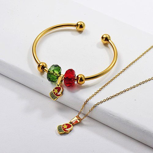 Wholesale Stainless Steel Gold Plated Christmas Glove Necklace Bangle Set