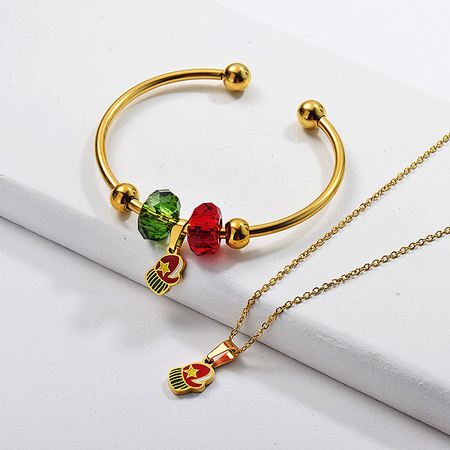 Conjunto de pulseira de colar de luva de Natal em aço inoxidável banhado a ouro por atacado
