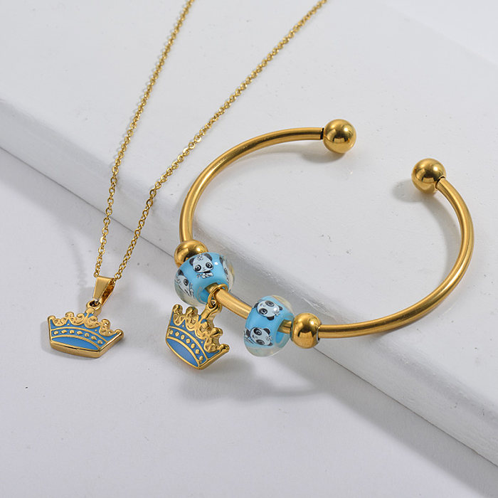 Ensemble de bijoux de collier de collier de charme de couronne plaqué or de marque célèbre d'acier inoxydable