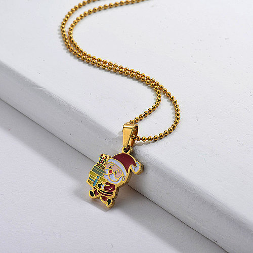 Cute Enamel Santa Claus With Gift Pendant Necklace For Christmas Jewelry