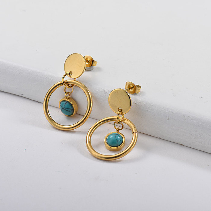 Gold Plating Dangle Earrings with Gold Hoop & Blue Gemstone