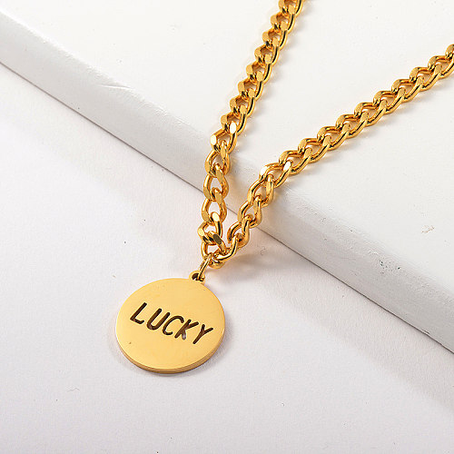 Hollow Gold Lucky Round Pendant Chunky Chain Necklace For Women