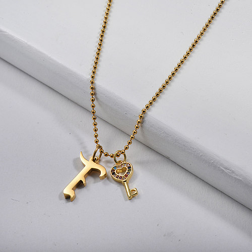 Elegant Gold Letter F With Key Charm Necklace Jewelry
