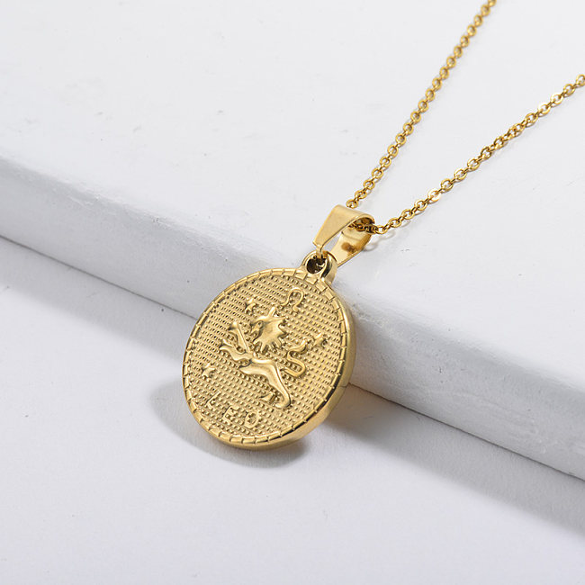 Golden Constellation Leo Lucky Round Tag Pendant Zodiac Necklace