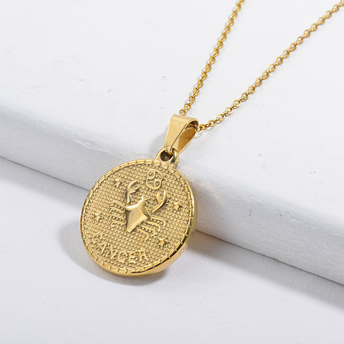 Gold Constellation Cancer Lucky Round Tag Pendant Zodiac Necklace