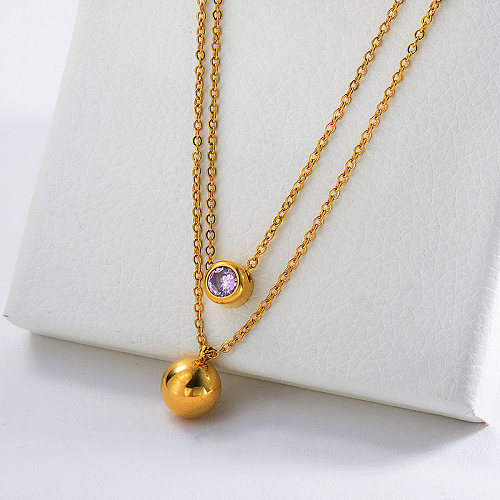 Bola de ouro simples de aço inoxidável com colar charme de zircão para mulheres