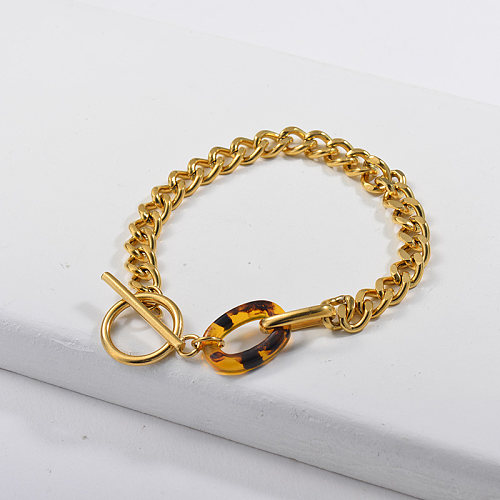 Stainless Steel Bracelet Golden Polished Chain and Leopard Print Pendant