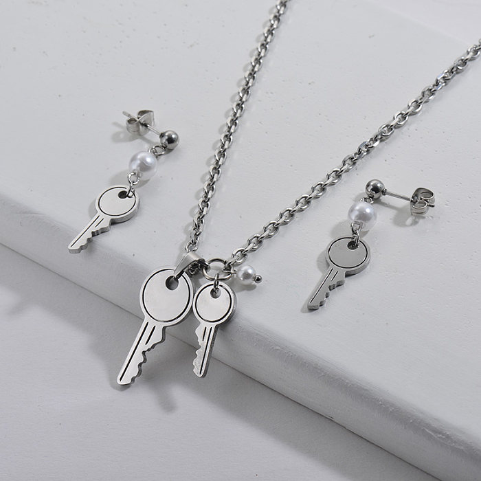 Wholesale Stainless Steel Silver Plated Key Neckalce Earrings Jewelry Set