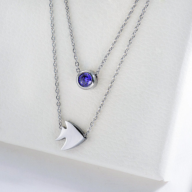 New Design Silver Fish Charm With Purple Zircon Double Chains Necklace