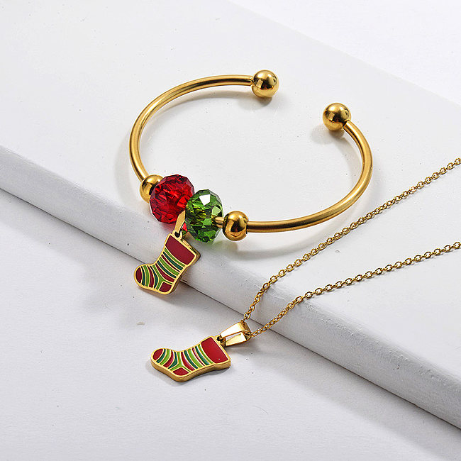 Conjunto de joias com pulseira de colar de meia de Natal em aço inoxidável banhado a ouro