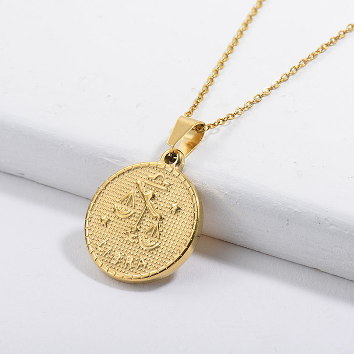 Collar del zodiaco con colgante de etiqueta redonda de la suerte de la constelación de Libra de oro personalizado