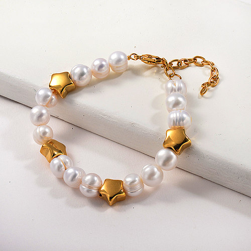 Genuine pearl Stainless steel Star shape Beads Beaded Bracelet Gold Plated