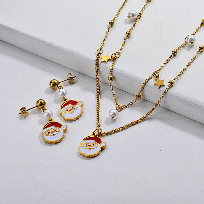 Großhandel Edelstahl vergoldet Weihnachtsmütze Halskette Ohrring Set