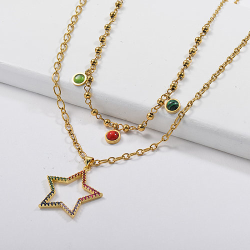Colorful Natural Stone With Copper Star Pendant Beaded Layer Chain Necklace