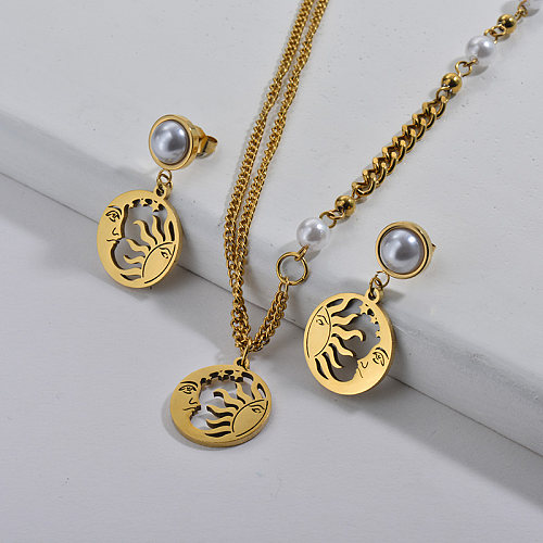 Wholesale Stainless Steel Gold Plated Pearl  Necklace Earrings Set