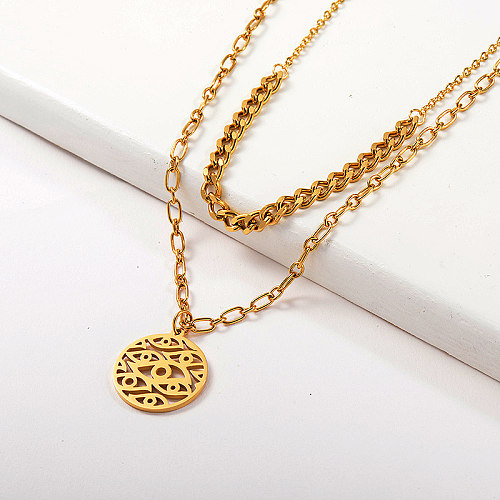 Gold Plated Hollow Evil Eye Round Pendant Layer Chain Necklace