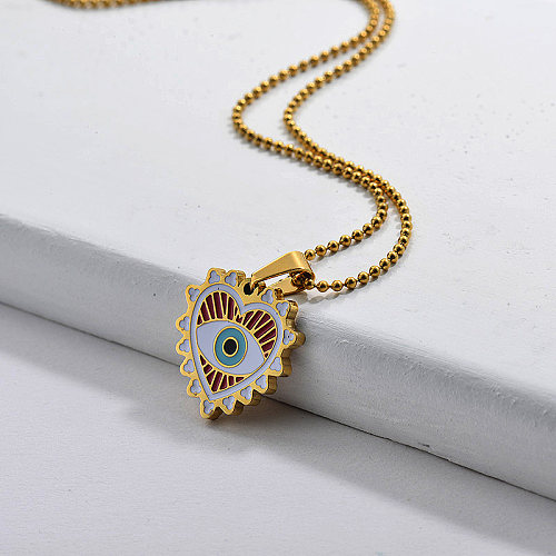 Gold Enamel Heart With Evil Eye Pattern Pendant Necklace Lucky Jewlery