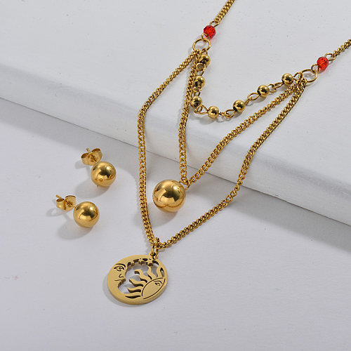 Golden Hollow Sun Moon Round Pendant Layer Curb Link Chain Necklace