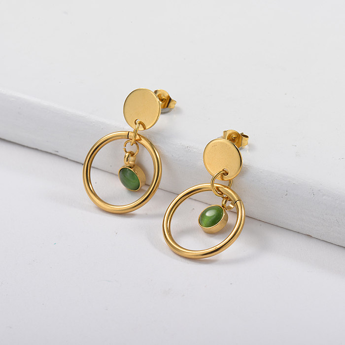 Gold Plating Dangle Earrings with Gold Hoop & Green Opal