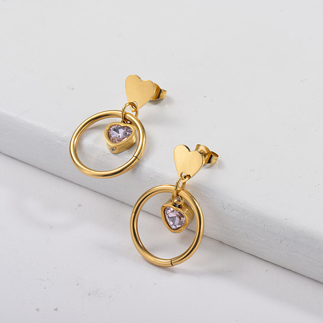 Gold Plating Heart Earring with Heart Shaped Crystal Metal Style