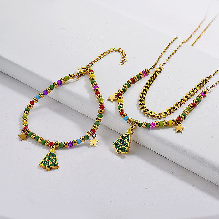 Conjunto de joias com pulseira de pescoço de árvore de Natal em aço inoxidável banhado a ouro
