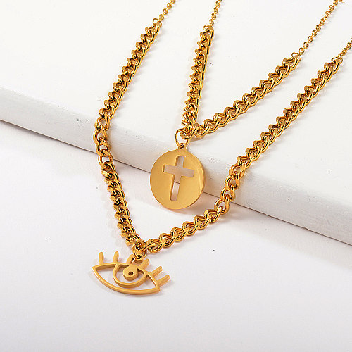 Gold Evil Eye With Cross Round Pendant Layer Chunky Chain Necklace