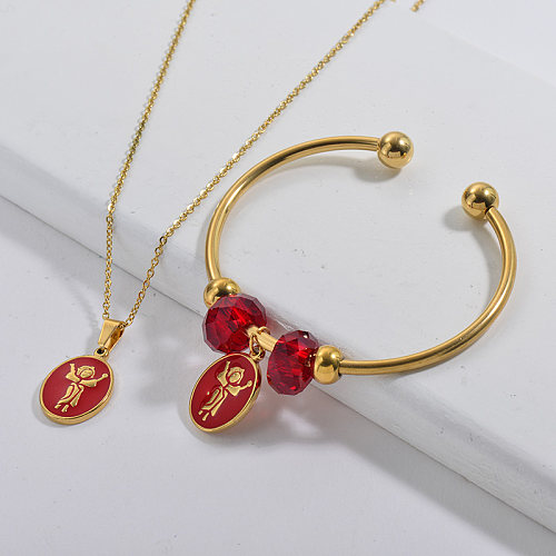 Stainless Steel Famous Brand Gold Plated Girl  Charm Neckalce Bangle Jewelry Set