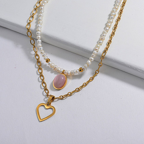 Heart Charm With Pink Natural Stone Freshwater Pearl Link Chain Necklace