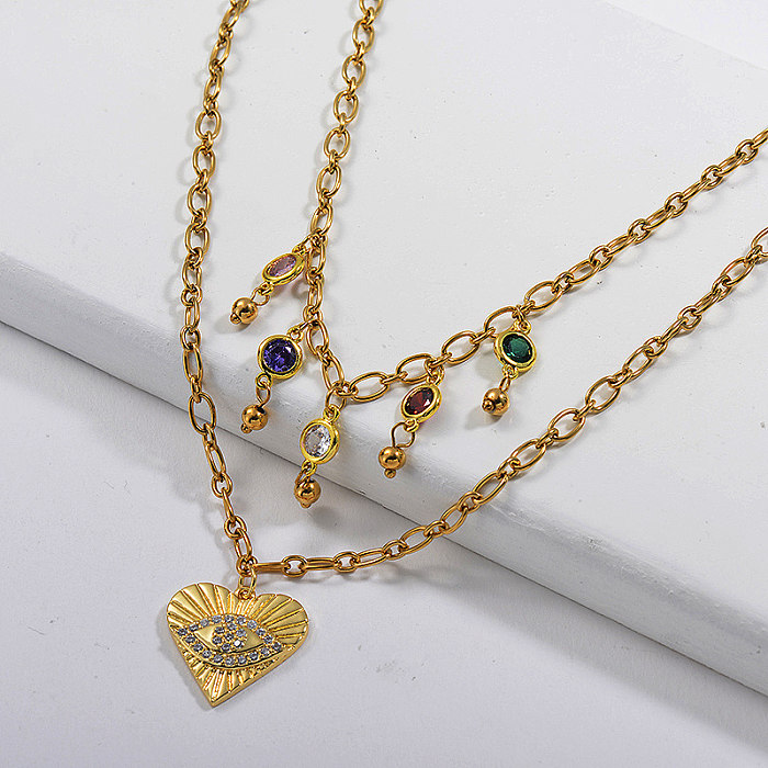 Evil Eye Heart Shape With Colorful Zircon Beaded Charm Layer Necklace