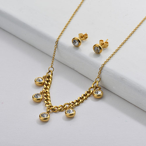 Conjunto de joias de brincos de pescoço de zircão em aço inoxidável banhado a ouro por atacado