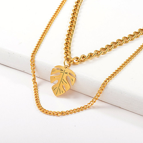 Fashion Gold Plated Monstera Pendant Curb Link Chain Layer Necklace