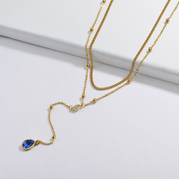 Collar de cadena de eslabones con cuentas de capa de piedras preciosas de cristal azul de moda