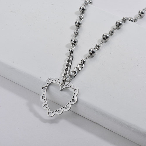 Silver Hollow Lace Heart With Beaded Mixed Link Chain Necklace