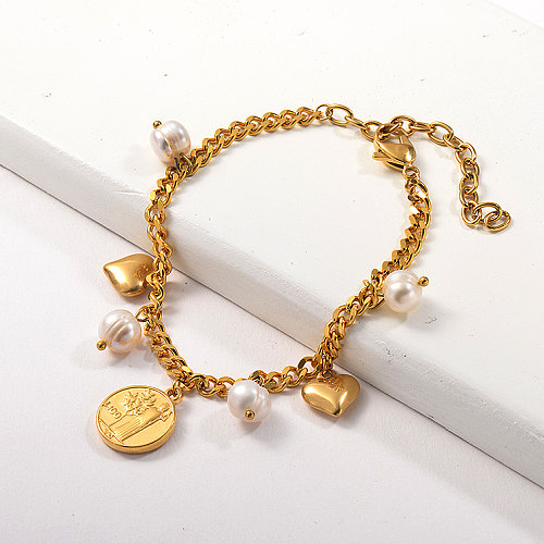Gold Plated Retro Coin Charm Heart Charm Pearl Nature Bracelet