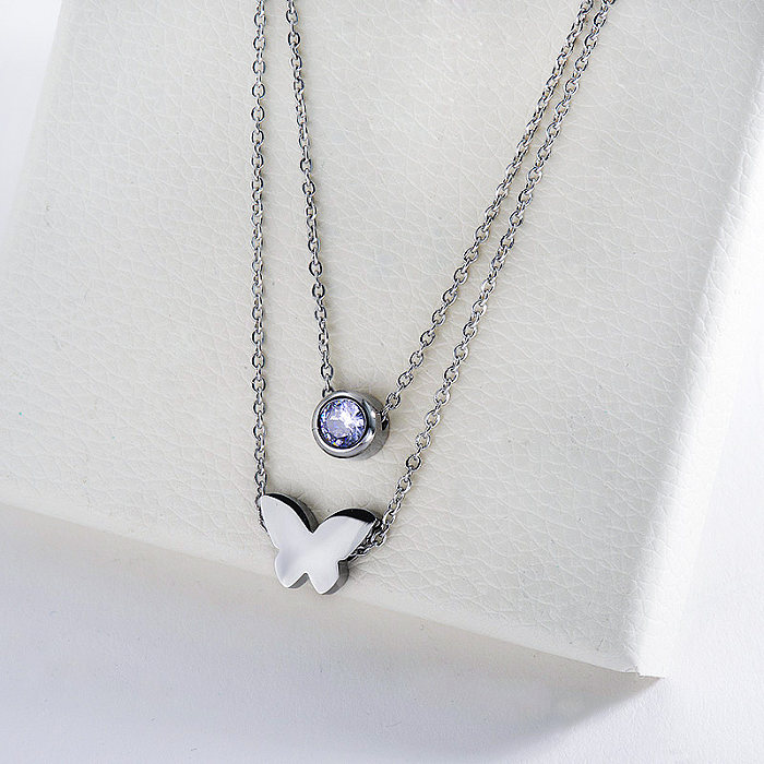 Silver Butterfly Animals Charm With Zirconia Double Chains Necklace For Women
