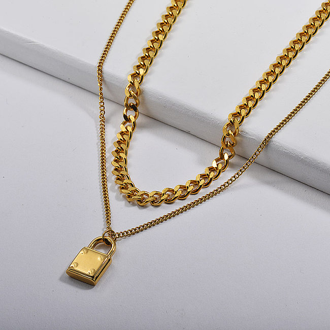 Wholesale Gold Lock Pendant Layer Curb Link Chain Necklace