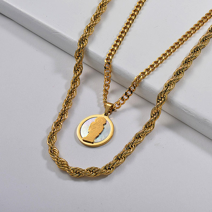 Round Pendant With Shell Rope And Curb Link Chain Necklace