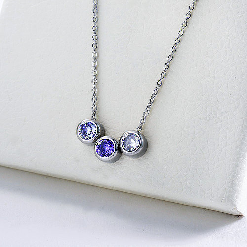 Simple Silver Stainless Steel Colorful Purple Zircon Charm Necklace For Women