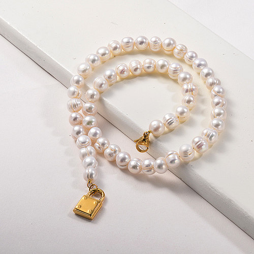 Luxus Gold Lock Charm Süßwasser Preal Perlenkette