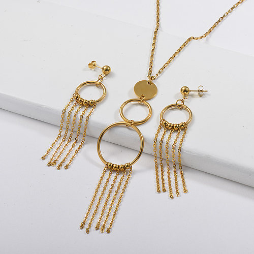 Stainless Steel Gold Plated Tassel Ring Chain Necklace Earrings Sets