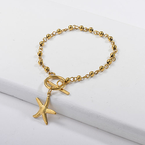 Pulsera de bola de acero dorado y colgante de estrella de mar de acero inoxidable