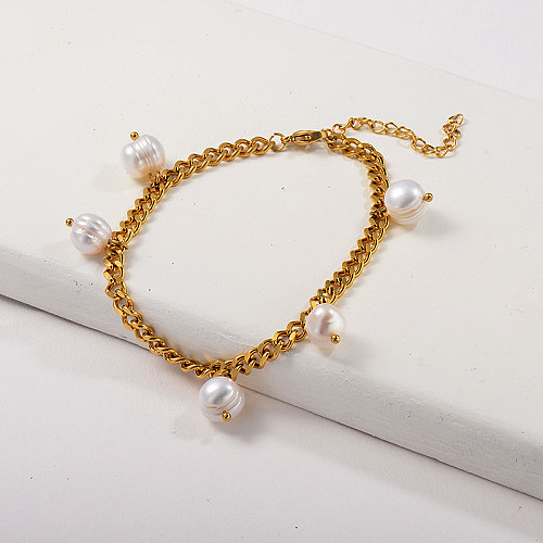 Gold Plated Cuban Link Chain Nature Pearl Charm Bracelet