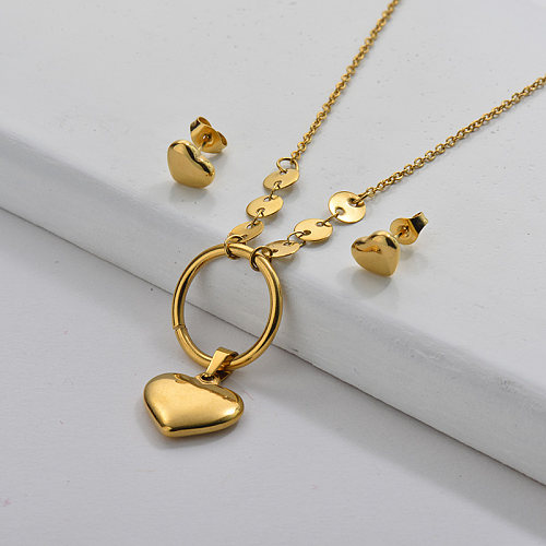 Wholesale Stainless Steel Gold Heart Necklace Earrings Jewelry Set
