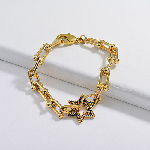 Popular pulseira em forma de U, pingente de cobre em forma de estrela de zircão vermelho